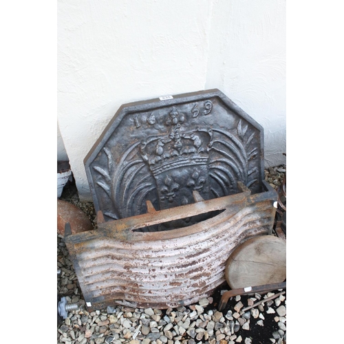 635 - Antique Cast Iron Fire Back with date 1659, (20th Century recast) 59cms x 58cms together with an Iro... 