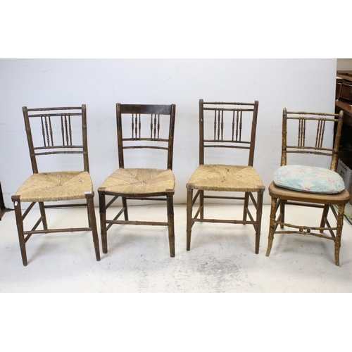 735 - Set of Three Regency style Faux Bamboo Side Chairs with rush seats together with a further Faux Bamb... 