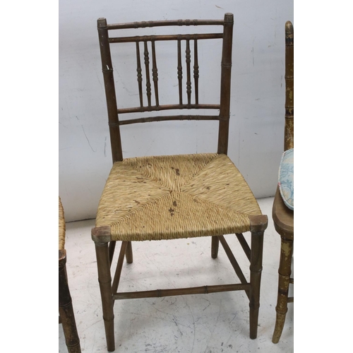 735 - Set of Three Regency style Faux Bamboo Side Chairs with rush seats together with a further Faux Bamb... 