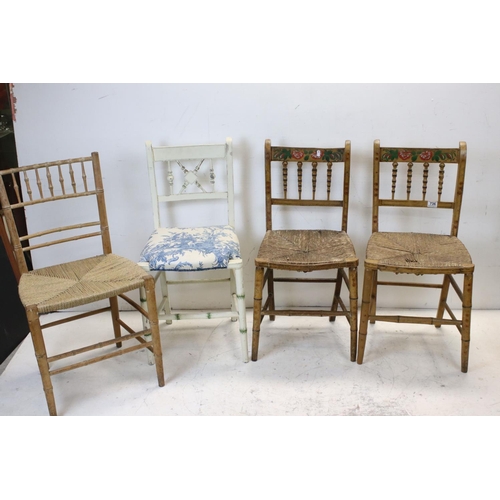 736 - Pair of Regency style Faux Bamboo Side Chairs with painted effect and rush seats, together with a fu... 