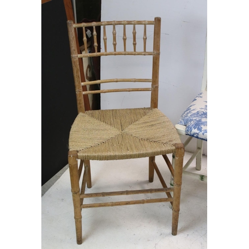 736 - Pair of Regency style Faux Bamboo Side Chairs with painted effect and rush seats, together with a fu... 