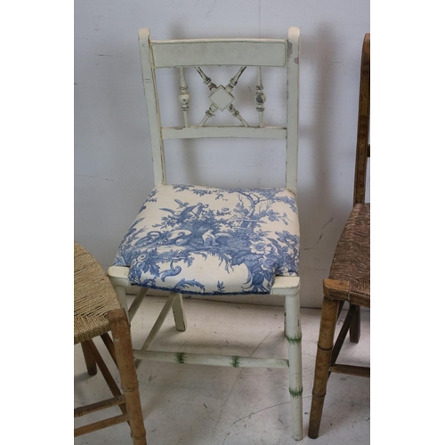 736 - Pair of Regency style Faux Bamboo Side Chairs with painted effect and rush seats, together with a fu... 