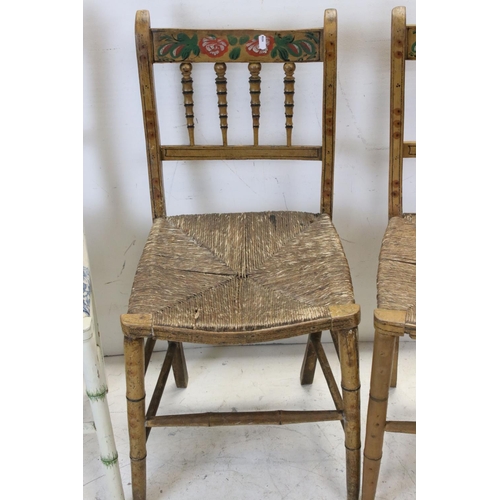 736 - Pair of Regency style Faux Bamboo Side Chairs with painted effect and rush seats, together with a fu... 