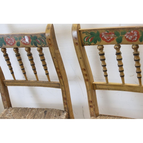 736 - Pair of Regency style Faux Bamboo Side Chairs with painted effect and rush seats, together with a fu... 