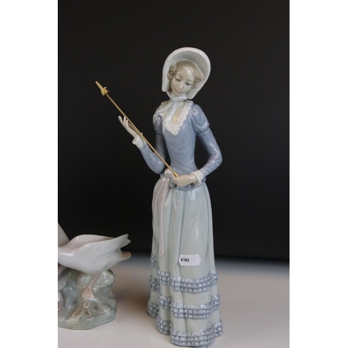 1 - Two Lladro Figurines including Girl with Geese, 31cms high and a Lady with Parasol (a/f)