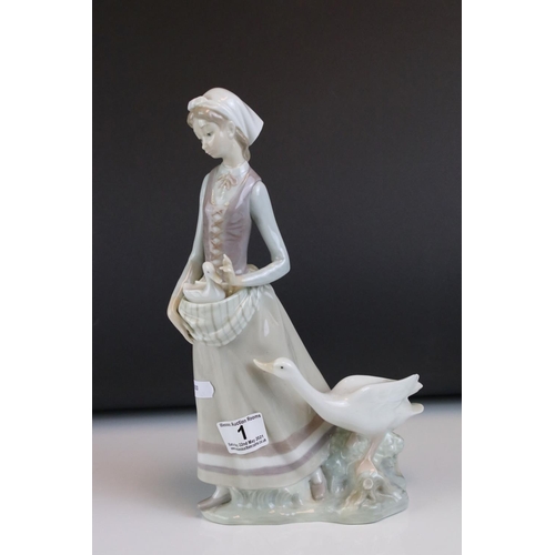 1 - Two Lladro Figurines including Girl with Geese, 31cms high and a Lady with Parasol (a/f)