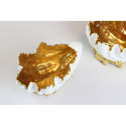 19 - Pair of Coalport Dishes in the form of Shells, with Gold Painted Interiors and Bases, 12cms long