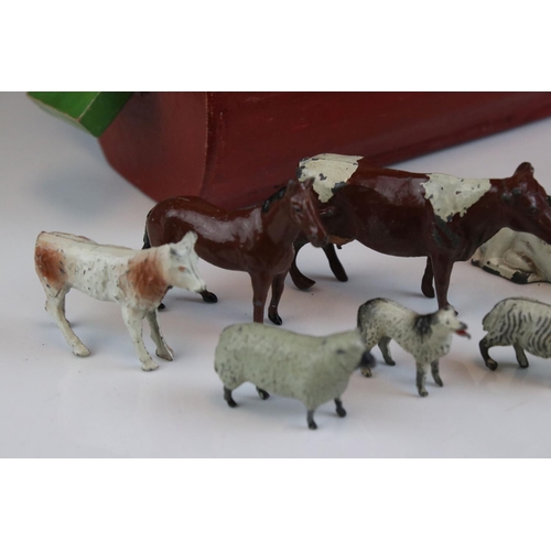 35 - Mid 20th century Wooden Painted Noah's Ark, 22cms long with a collection of Lead Animals