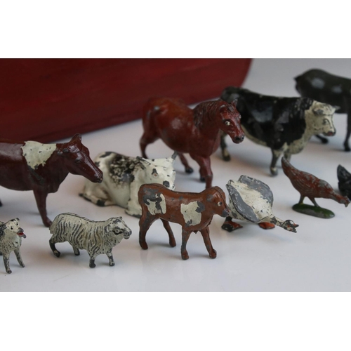 35 - Mid 20th century Wooden Painted Noah's Ark, 22cms long with a collection of Lead Animals