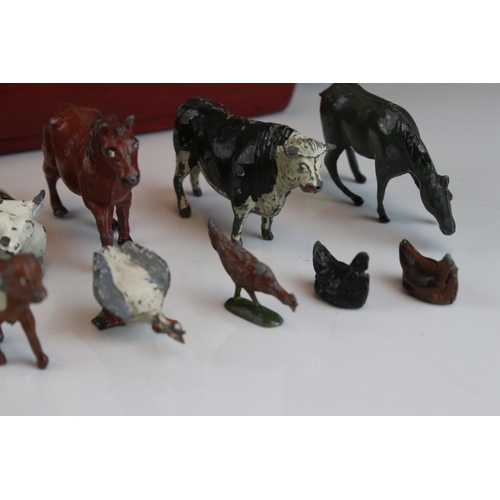 35 - Mid 20th century Wooden Painted Noah's Ark, 22cms long with a collection of Lead Animals