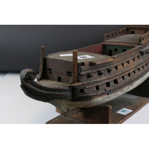 46 - Scratch Built Model of the Hull of a Galleon Ship on a Stand, 55cms long