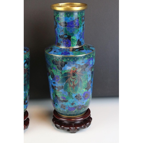 48 - Pair of Cloisonné Vases on Wooden Stands, 27cms high together with Three Lidded Cloisonné Containers... 