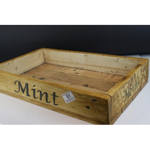 51 - Rustic Wooden Waxed Herb / Seed Box marked Mint and Herbs, 47cms long