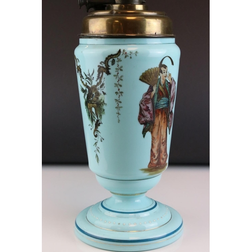 53 - Opaline oil lamp, hand painted with oriental design