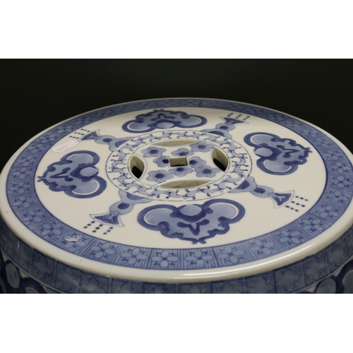 57 - Modern Chinese Barrel Shaped Blue and White Ceramic Garden Seat, 47cms high