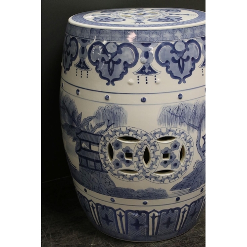 57 - Modern Chinese Barrel Shaped Blue and White Ceramic Garden Seat, 47cms high