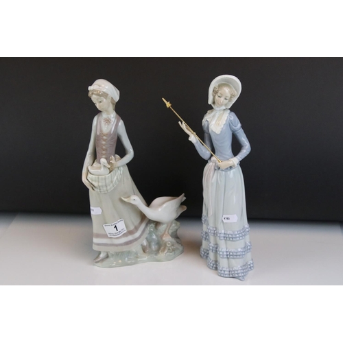 1 - Two Lladro Figurines including Girl with Geese, 31cms high and a Lady with Parasol (a/f)