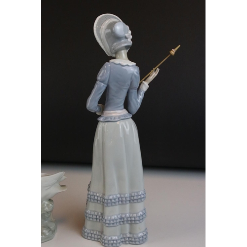 1 - Two Lladro Figurines including Girl with Geese, 31cms high and a Lady with Parasol (a/f)