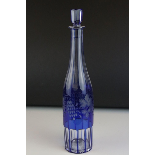 15 - Bohemian Cut Blue Glass Slender Faceted Decanter with stopper, etched with leaves and grapes, 36cms ... 