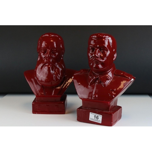 16 - Two Red Glazed Ceramic Busts of Stalin and Marx, 27cms high