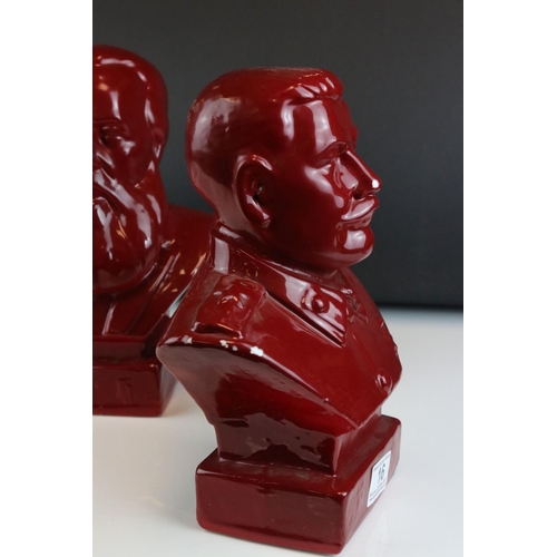 16 - Two Red Glazed Ceramic Busts of Stalin and Marx, 27cms high