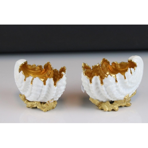 19 - Pair of Coalport Dishes in the form of Shells, with Gold Painted Interiors and Bases, 12cms long