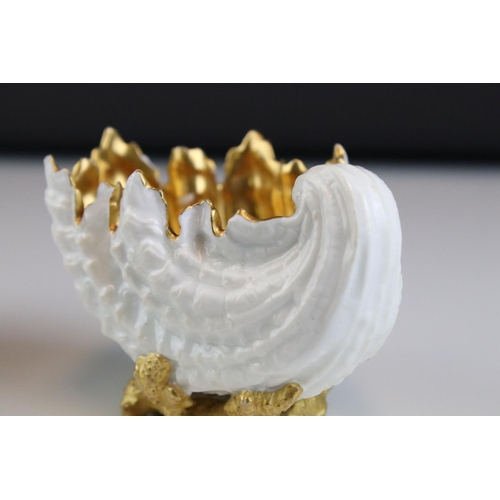 19 - Pair of Coalport Dishes in the form of Shells, with Gold Painted Interiors and Bases, 12cms long