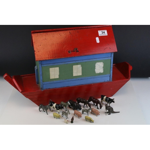 34 - Mid 20th century Wooden Painted Noah's Ark, 62cms long together with a collection of Britains and ot... 