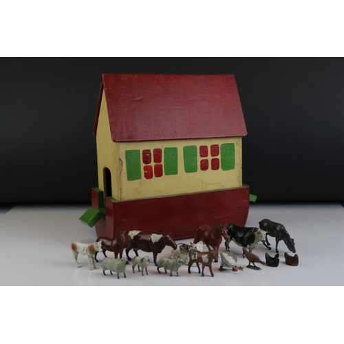 35 - Mid 20th century Wooden Painted Noah's Ark, 22cms long with a collection of Lead Animals