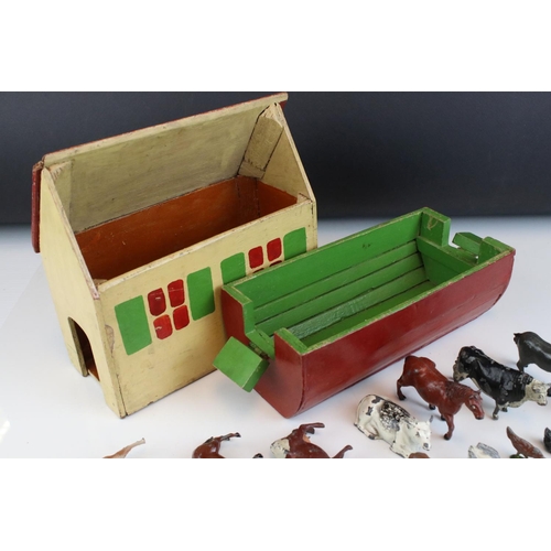 35 - Mid 20th century Wooden Painted Noah's Ark, 22cms long with a collection of Lead Animals