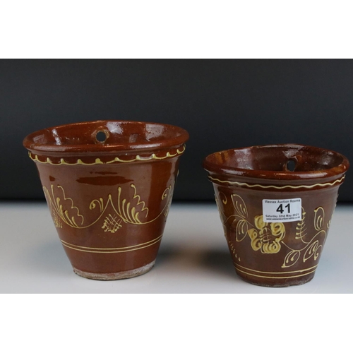 41 - Two Pottery Slipware decorated Plant Pots, tallest 16cms high