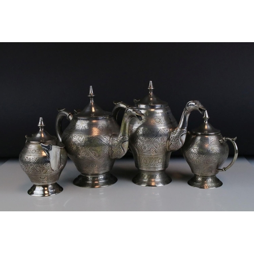 43 - Indian Silver Plated Four Piece Tea Service, the spouts in the form of a stylised bird, water jug 22... 