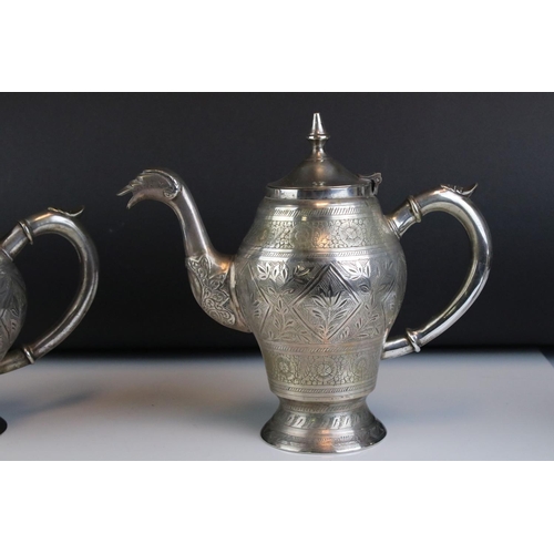 43 - Indian Silver Plated Four Piece Tea Service, the spouts in the form of a stylised bird, water jug 22... 