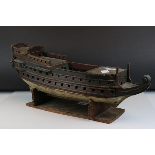 46 - Scratch Built Model of the Hull of a Galleon Ship on a Stand, 55cms long