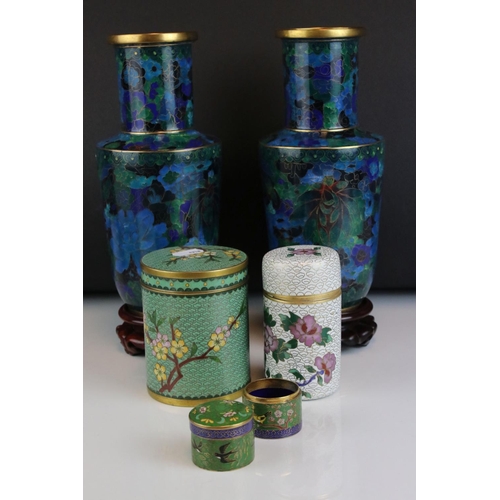 48 - Pair of Cloisonné Vases on Wooden Stands, 27cms high together with Three Lidded Cloisonné Containers... 