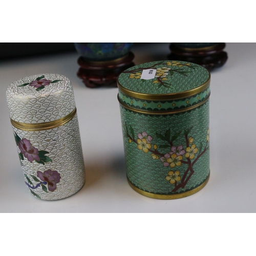 48 - Pair of Cloisonné Vases on Wooden Stands, 27cms high together with Three Lidded Cloisonné Containers... 