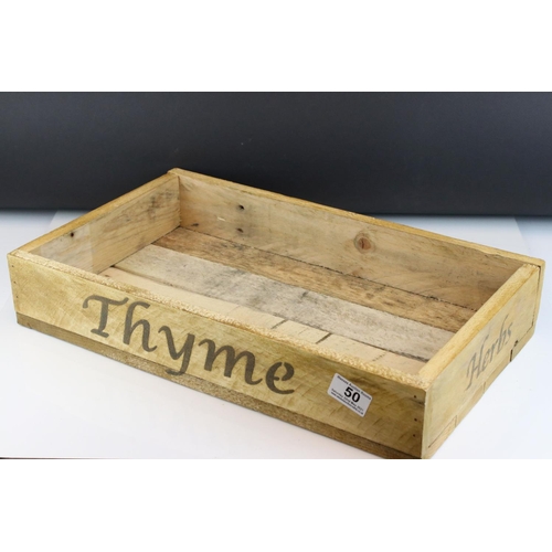 50 - Rustic Wooden Waxed Herb / Seed Box marked Thyme and Herbs, 47cms long