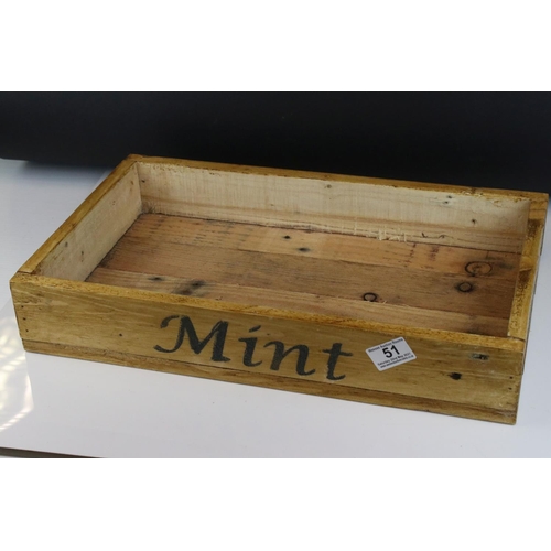 51 - Rustic Wooden Waxed Herb / Seed Box marked Mint and Herbs, 47cms long