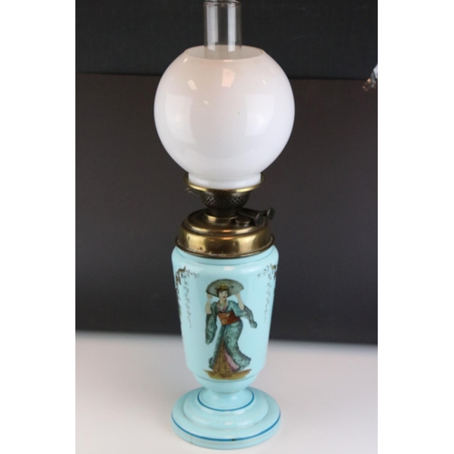 53 - Opaline oil lamp, hand painted with oriental design