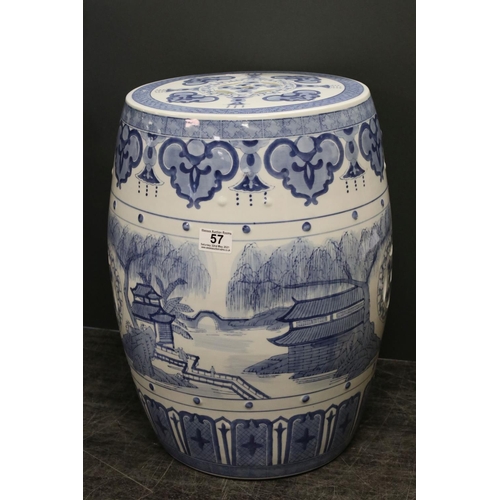 57 - Modern Chinese Barrel Shaped Blue and White Ceramic Garden Seat, 47cms high