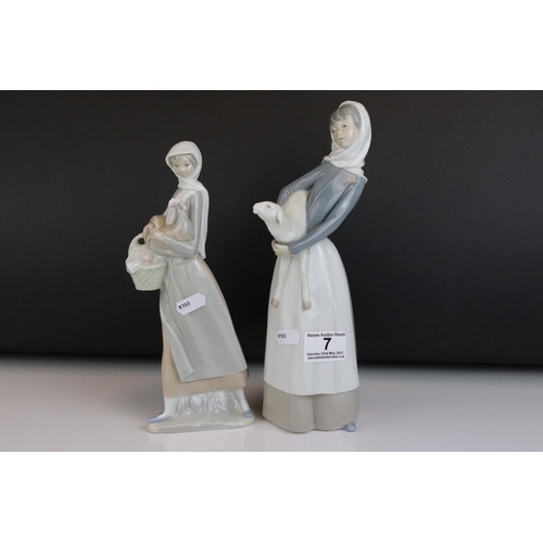 7 - Two Lladro Figurines - Girl holding Lamb, 29cms high and Girl holding Chicken and Basket (a/f), 25cm... 