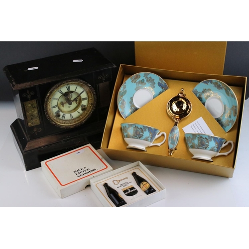 80 - A box of mixed collectables to include a boxed Fortnum & Mason Tea for Two set, a slate clock and a ... 