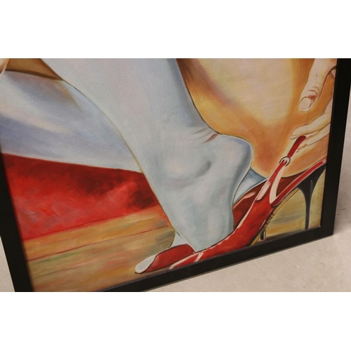 82 - Framed Pop Art oil painting of a woman wearing pale blue stockings, kneeling, approx. 90cm x 59cm