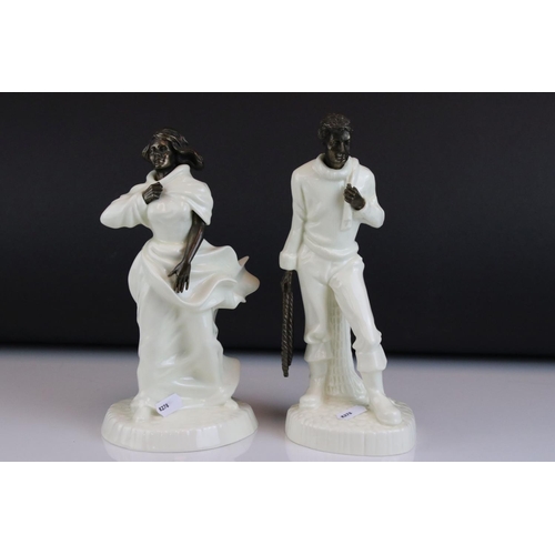 9 - Pair of Minton Bronze and White Glazed Ceramic Figures - The Fisherman MS 13, 25cms high and Sea Bre... 