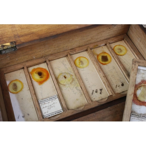 97 - A cased set of antique medical glass slides, slides marked Glasgow Royal Infirmary pathological dept... 