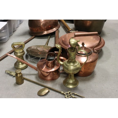 65 - A box of mainly brass and copper ware to include teapot, watering can and hunting horn.