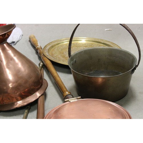 65 - A box of mainly brass and copper ware to include teapot, watering can and hunting horn.