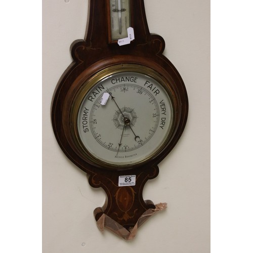 85 - Early 20th century Mahogany Inlaid Aneroid Barometer / Thermometer