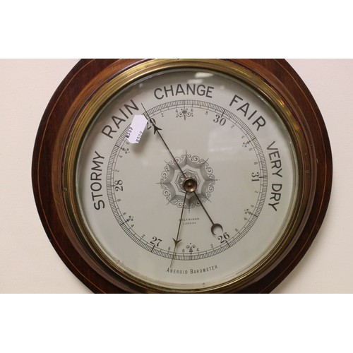 85 - Early 20th century Mahogany Inlaid Aneroid Barometer / Thermometer