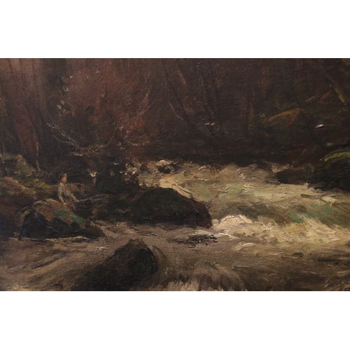 98 - James Noble Barlow 1861 - 1924 signed antique oil on canvas painting rural Devon river scene with fi... 